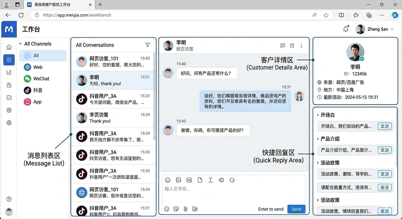 美洽全渠道在线客服工作台界面布局