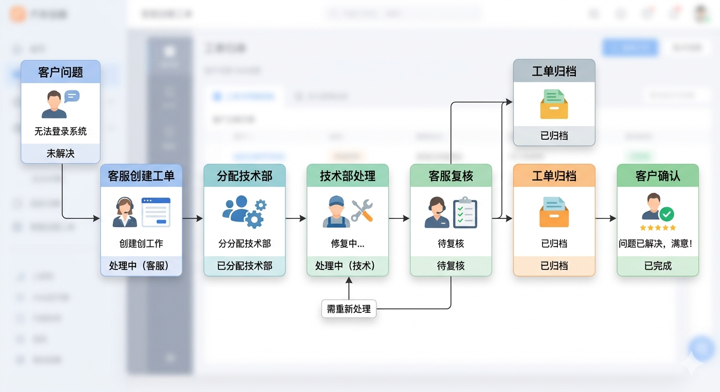 美洽工单系统工单流转示意图